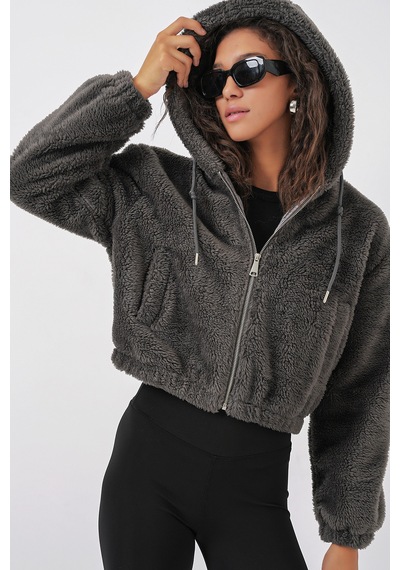 Bigdart 5193 Kapüşonlu Peluş Crop Ceket - Antrasit