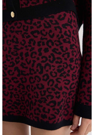 DeFacto A Kesim Leopar Desenli Mini Triko Etek D8516AX24WNBR115 Bordo