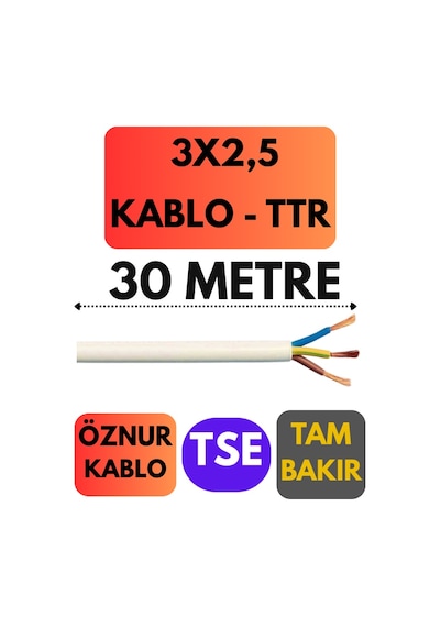 Öznur 3x2,5 Ttr Kablo Metre Seçenekli Beyaz - 30 Metre
