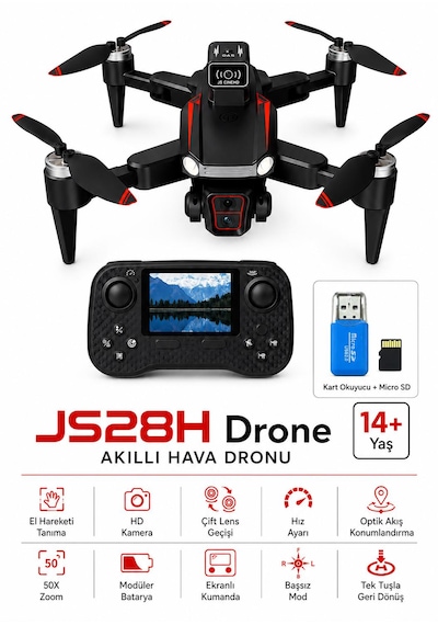 Js28h Drone Akıllı Hava Dronu Engel Tınama Ekranlı Kumanda Fotoğrafçılık Dronu 50x Zoom Başsız Mod Tek Tuşla Geri Dönüş Elektirikli Kamera 2 Lens Fırçasız Motor Elden Kaçınma Katlanabilir