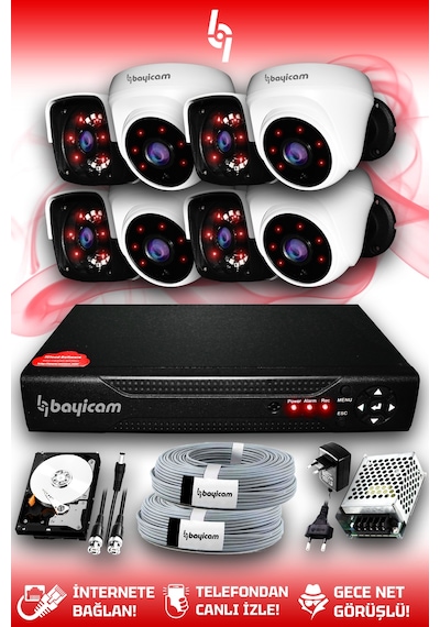 Bayicam 8 Kameralı Panda 4 İç Kamera Set 2 TB HDD Full HD Gece Görüşlü Güvenlik Kamerası Sistemi