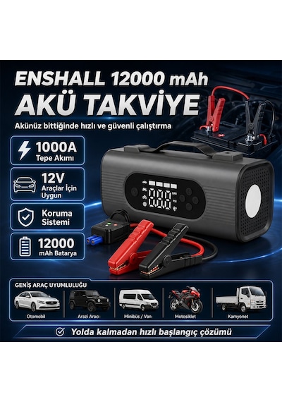 Enshall Ens001 Jump Starter - 10 İn 1 12000 Mah Araç Akü Takviye Cihazı Hava Kompresörü Powerbank Süpürge Led Fener