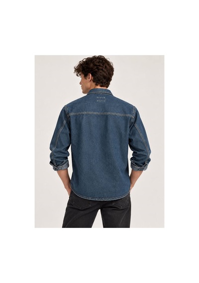Little Cup Jeans Co Koyu Mavi Premium Tok Kumaş Çift Cep 90lar Erkek Denim Kot Gömlek Açık Mavi