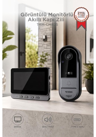 Hd Sistem Giriş Kontrol Görüntülü Monitörlü Su Geçirmez Kablosuz Akıllı Kapı Zili Cmr25 Siyah