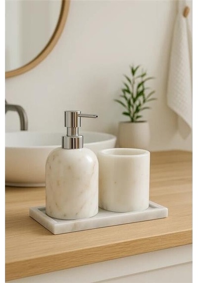 Akayev Mermer Beyaz 3 Parça Gümüş Banyo Seti Mutfak Sıvı Sabunluk Seti Beyaz