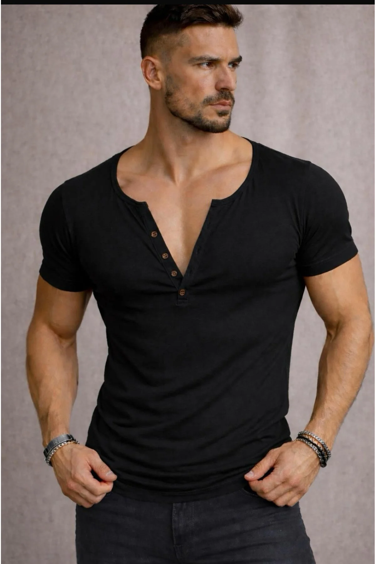 Özel Üretim Henley Yaka Düğmeli Açık Geniş Yaka Tişört T Shirt Siyah
