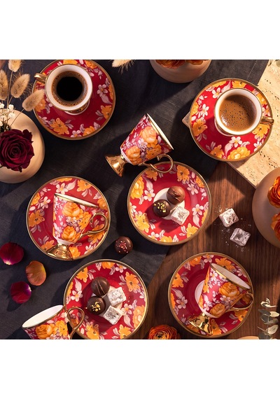 Aryıldız Begonia 12 Parça 6 Kişilik Kahve Fincan Takımı Kırmızı 100 Ml Çok Renkli