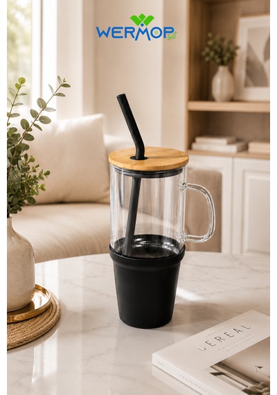 1000 Ml Cam Big Mug Bambu Kapaklı Çelik Pipetli Büyük Boy Kupa Termos Mor Siyah