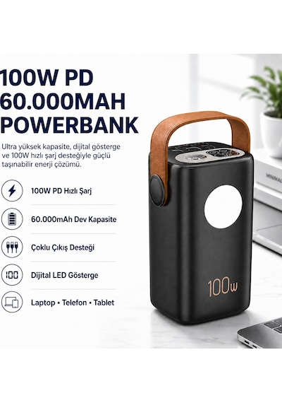 100w Pd 60000mah Ultra Yüksek Kapasiteli Çoklu Çıkışlı Dijital Göstergeli Hızlı Şarj Powerbank-1588 BEYAZ