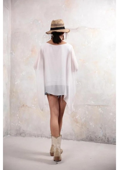 Bohem Stil İtalyan Yarasa Kol İpek Bluz-8869 Beyaz
