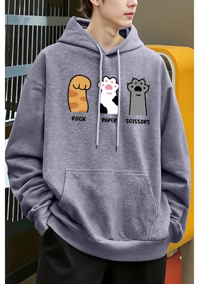 Startmore Startmoretaş Kağıt Makas Kedi Pençeleri Tasarım Erkekler Hoody Cep Rahat Kapüşonlular Moda Sonbahar Ka Gri