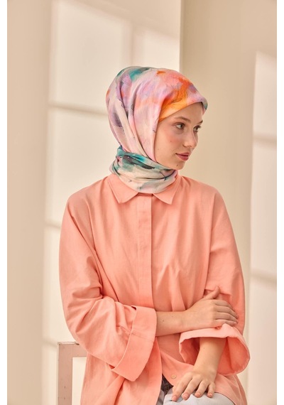 Silk Home Olinda İpek Eşarp 47004-12 Gümüş, Turkuaz, Petrol Mavi, Turuncu, Lila