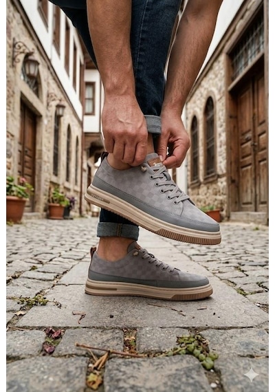 Pepita E385 Rahat Hafif Keten Özel Tasarım Spor Sneaker Erkek Ayakkabı Gri