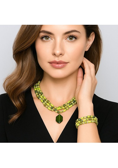 Peridot Ahşap Bolluk Ve  Kolye Bileklik Seti Çok Renkli
