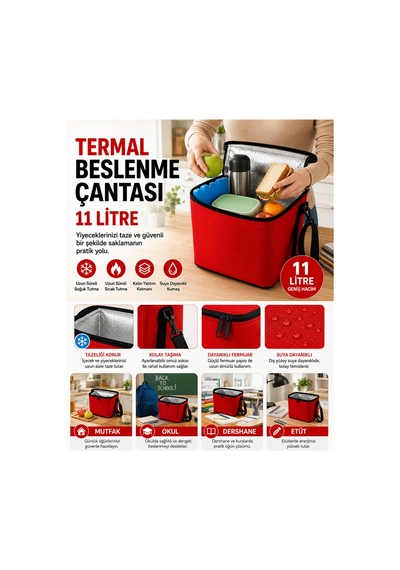 11 Litre Termal Beslenme Çantası Isı Yalıtımlı Sıcak Soğuk Tutucu Termos Yemek Taşıma Okul Piknik Kamp Çantası-kırmızı .