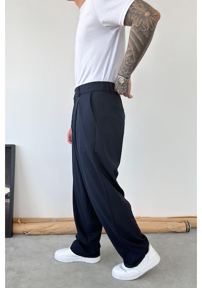 Lacivert Pileli Baggy Kumaş Pantolon