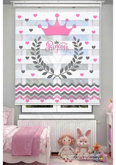 Prenses Taçlı Pembe Gri Renkli Çocuk Odası Perdesi - Dijital Baskılı Zebra Stor Perde
