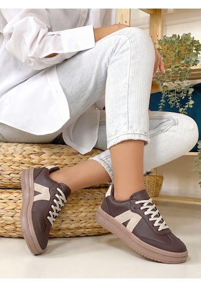 Kadın Sneaker Yüksek Taban Ortopedik Bağcıklı Spor Ayakkabı Retro Kahve-011 Beyaz