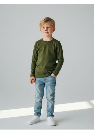 Zekids Erkek Çocuk Pamuklu Uzun Kol Basic T-shirt-16713 Haki
