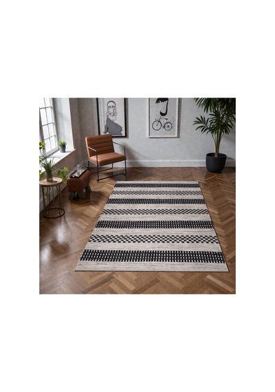 Siyah Krem Çizgili Kilim İskandinav Boho Desenli, Kaymaz Taban, Yıkanabilir,antialerjik Siyah Siyah