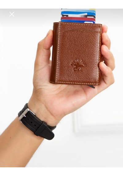 Newish Polo Mekanizmalı Rfid Özellikli Cüzdan Kredi Kartlık - Hakiki Deri Taba