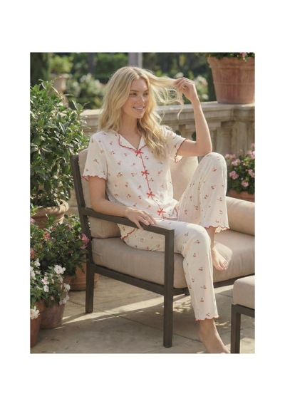 Eyfuze Kadın Baskılı Fiyonk Detaylı Raporlu Kaşkorse Kısa Kollu Pijama Takımı Beyaz-11
