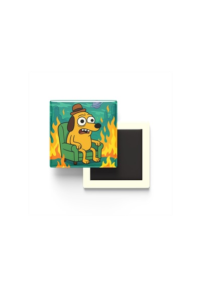 This Is Fine Dog - 9x9 Cm Baskılı Kare Buzdolap Magneti