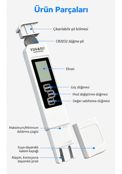 Optivya A1 Dijital Tds Ec Sıcaklık Ölçer Su Kalite Test Cihazı 1 Adet