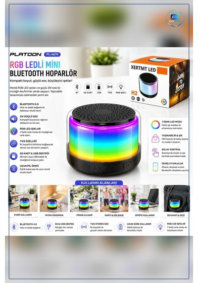 Bluetooth Hoparlör 3w Rgb Usb Sd Şarjlı Taşınabilir Işıklı Kablos