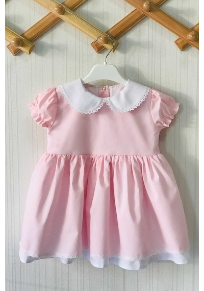 Dantel Detaylı Bebe Yaka Açık Pembe Kız Çocuk Bebek Tasarım Elbise 001