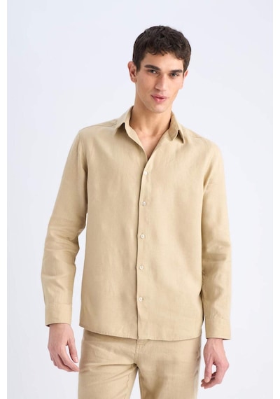 DeFacto %100 Keten Regular Fit Polo Yaka Yazlık Uzun Kollu Gömlek D9925AX25SPBG732