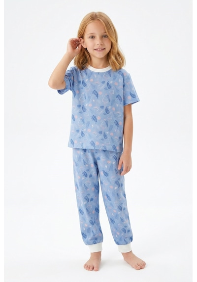 Bunny Hopp Kız Çocuk Pijama Takımı %100 Pamuk Flamingo Desenli Yazlık Kısa Kollu Mavi
