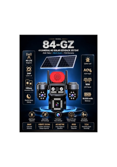 Hieasy 84-gz 8mp 4 Kamera 4g Solar Sim Ptz Sesli Akıllı Hibrit Zoom Güvenlik Kamera 7/24 Koruma