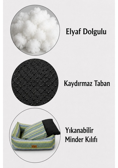 Kedi Ve Köpek Yatağı Kafa Destekli Kaydırmaz Taban Yıkanabilir Fermuarlı Minder %100 Boncuk Elyaf Yeşil - 880336766 S