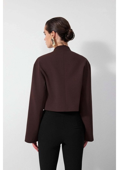 Vatkalı Diagonal Crop Blazer Ceket-16645 Kahverengi