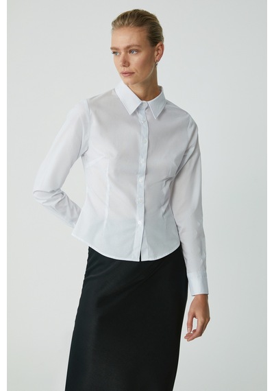 Ethıquet Evangelıne Kadın Slim Fit Dar Kesim Likralı Cepsiz Uzun Kollu Poplin Beyaz Gömlek
