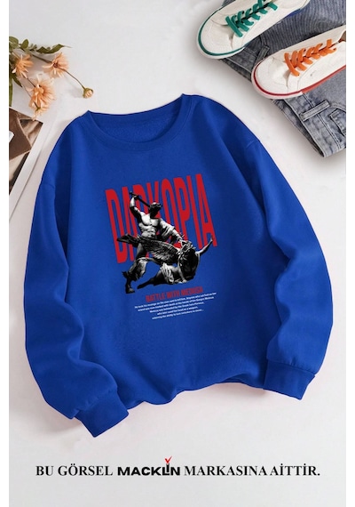 Macklin Unisex Kadın Erkek Battle With Medusa Özel Tasarım Baskılı Bisiklet Yaka Sweatshirt Mavi Mck1326 Mavi