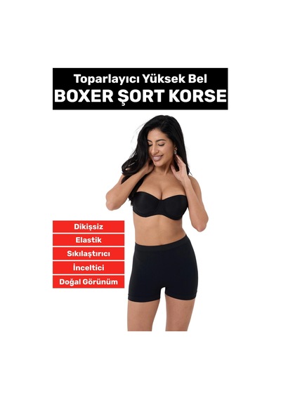 Özel Üretim İz Göstermez Yüksek Bel Toparlayıcı Dikişsiz Boxer Şort Korse Siyah