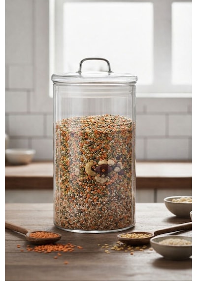 1700 Ml Cam Kavanoz Kapaklı Bakliyat, Baharat & Kuru Gıda Saklama Kabı Şeffaf, Dayanıklı Cam