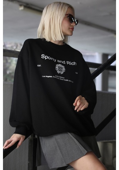 Siyah Bisiklet Yaka Baskılı Oversize Kadın Sweatshirt Mg1577