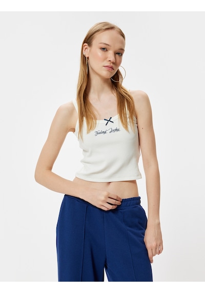 Koton Askılı Atlet Fiyonk Detaylı Slogan Nakışlı Slim Fit Ekru 4sal30365ık Ekru