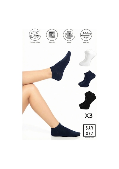 Saysez Bambu Kadın Patik Düz Siyah-beyaz-lacivert Çorap Dikişsiz Premium 3'lü Paket Lacivert