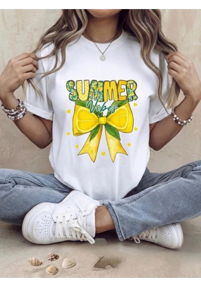 Sarı Limon Ve Fiyonk Baskılı Oversize Kompak T-shirt Beyaz