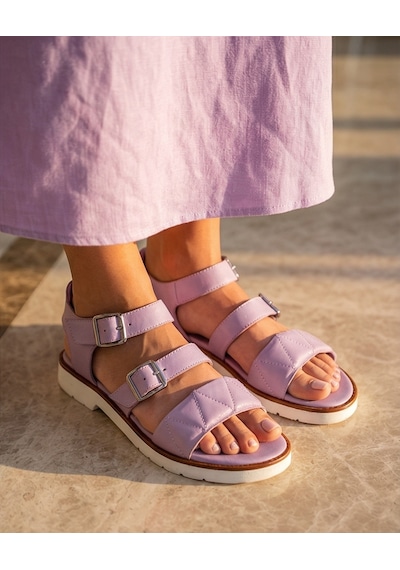 Futsishoes Garnet Lila Hakiki Deri Çift Toka Detaylı Kadın Sandalet Ayakkabı