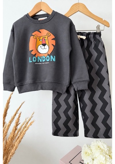 Zuzunga Aslan Baskılı London Yazılı Zigzag Desenli Alt Üst Eşofman Takımı Antrasit