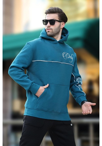 Madmext Petrol Mavisi Kapüşonlu Şerit Detaylı Baskılı Erkek Sweatshirt 7091 Petrol Mavisi