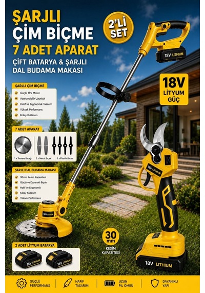 Schutzenger RN951 Dal Budama Bağ Makası 30MM Çift Akülü Çim Ot Biçme 7 Aparat Sarı Bahçe Seti