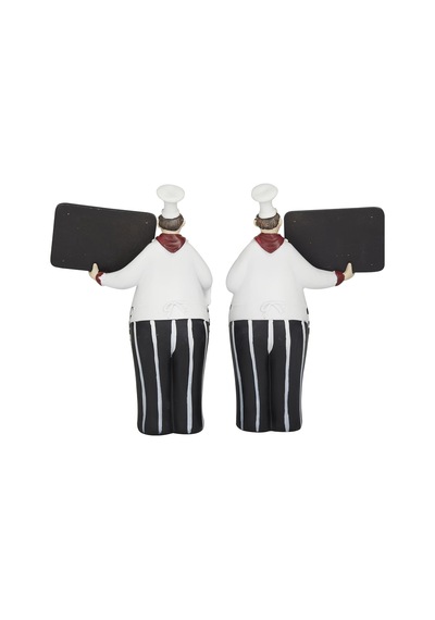 Polystone Şef Heykeli Seti, Kara Tahtalı Dekoratif Heykel, 2'li Set 30cm-33cm, Siyah