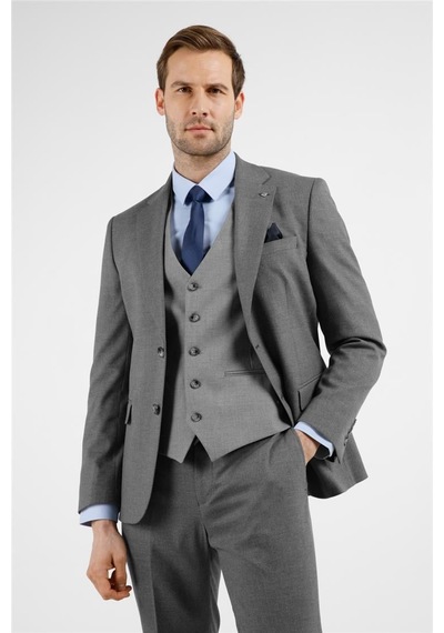 İmza Gri Mono Yaka Kazayağı Desen Yelekli 6 Drop Slim Fit Takım Elbise 1001255175 Gri