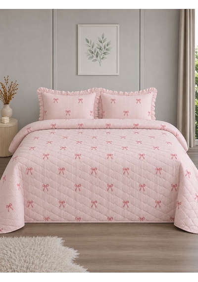 Uçkan Home %100 Pamuk Dört Mevsim Fırfırlı Çift Kişilik Pike Seti---uh-pike-03 Pembe